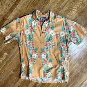 Reyn Spooner Orange and Green Pineapple Print Men's Pullover Hawaiian Shirt L